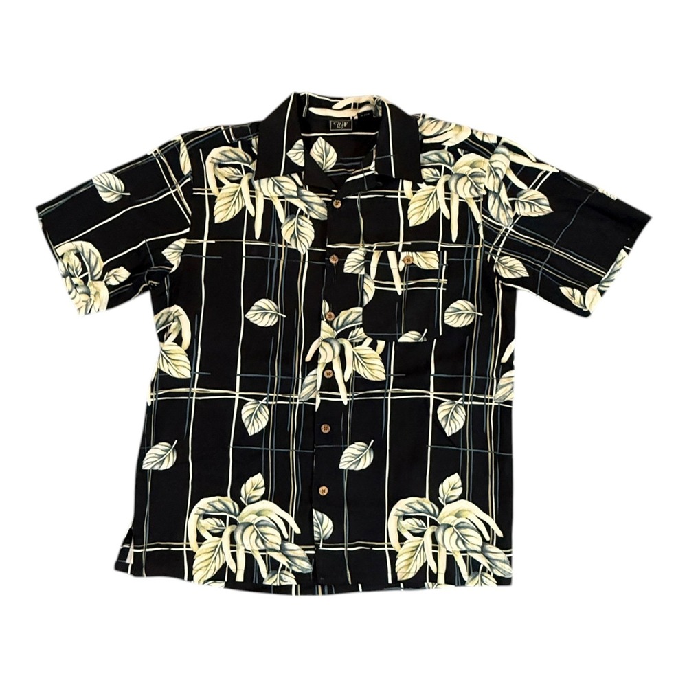 WF Shirt Silk Button Down Mens Medium Black Floral Tropical Hawaiian Vacation